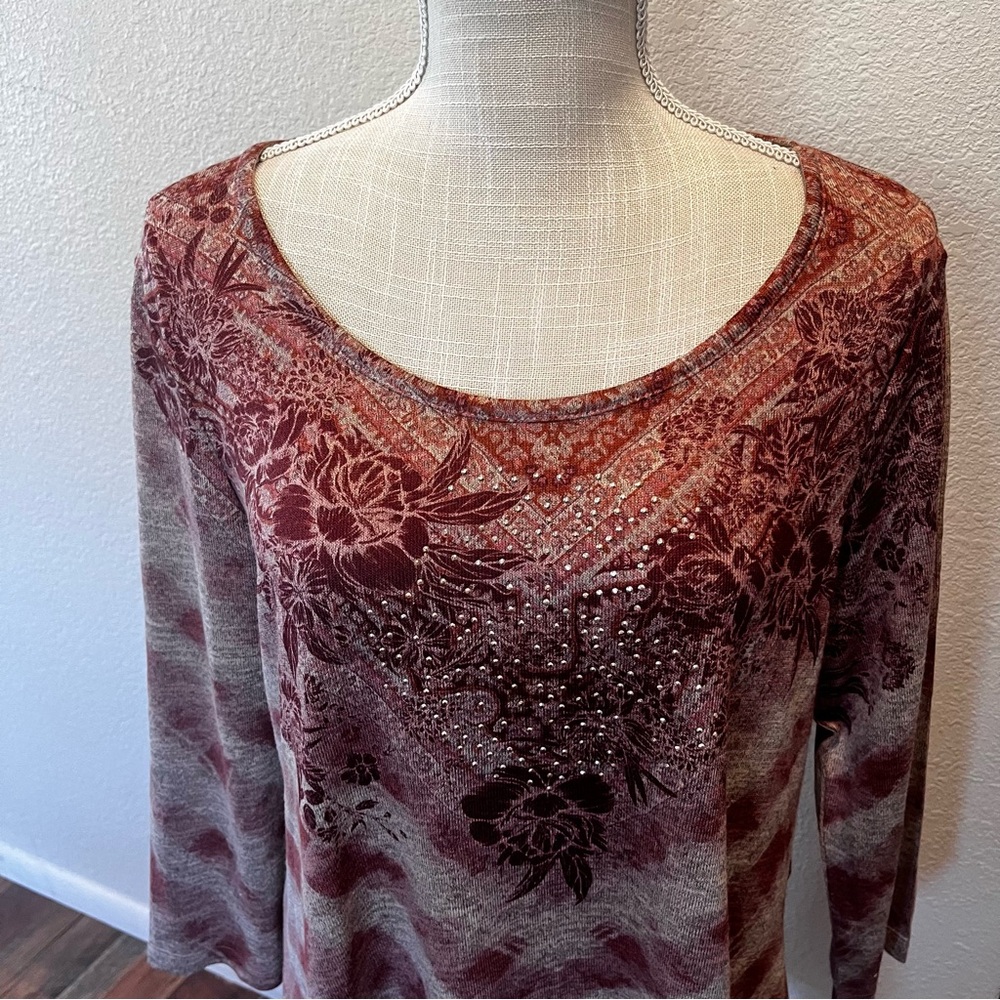 One World Live and Let Live Women's Multi Rust Embellished Top Tunic Shirt - Med
